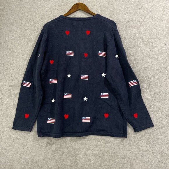 VTG Quacker Factory Womens L Navy Blue Cardigan Embroidered US Flag & Heart - Picture 2 of 7
